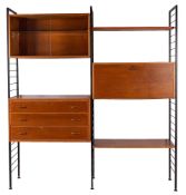 A teak and metal mounted floor standing shelving unit, almost certainly Robert Heal,