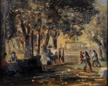 French School, 20th Century A sunlit park scene with figures and a pavilion beyond,
