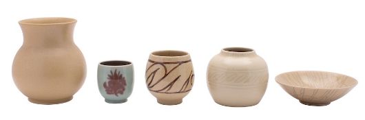*Agnete Hoy for Buller Pottery four white stoneware vases and a dish,