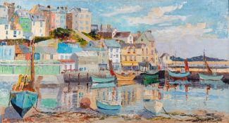 Laurence George (British, 20th Century) Brixham the Fishmarket Oil on board 43.5 x 80.