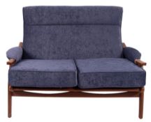 A beech and blue upholstered lounge suite, probably Parker Knoll,