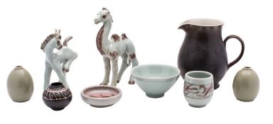 Bullers Pottery a small group of stoneware, comprising a jug, four vases,