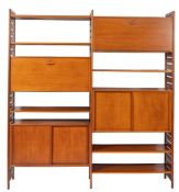 A teak modular wall shelving and cupboard unit, probably by Ladderax,