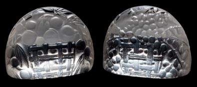 Two Lalique menu holders, Peches and Groseilles each of domed form embossed with berries,