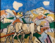 *Julian Trevelyan (British, 1910-1988) Two oxen pulling a cart or plough in a hilly landscape,