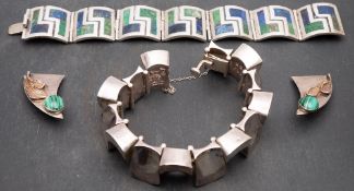 Two Mexican bracelets and a pair of ear clips, including a bracelet of concave links, length ca.