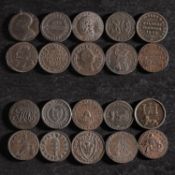 Eleven farthing tokens.