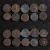 Ten farthing tokens.