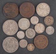 A 1903 German 5 mark, with 1913 3 mark, 1839 Sardinian Shiva and other European coins.
