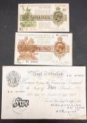 Bank of England white £5 note, 1945 with Fisher £1 note.