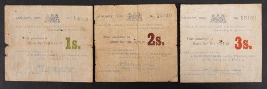 Mafeking Siege money - shilling, two shilling and three shilling notes, no's 4521, 6719 and 3159.