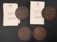 Four WWI Memorial Plaques in original card cases, with Commonwealth War Graves Commission research.