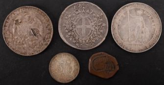 A 1902 British Trade Dollar, 1882 Mexican 8 reales (chop marked), 1796 Maltese 2 Saudis,