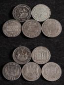 Five 19th Century silver shilling tokens, including Leeds, Workhouse, Newark, Derby,