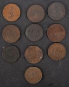 Ten 18th Century halfpenny tokens.