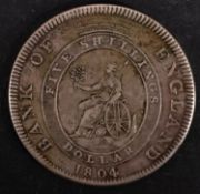 An 1804 Bank of England 5 shillings/dollar.