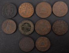 Ten 18th Century halfpenny tokens.