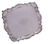 A George V square silver salver, maker John Round & Son Ltd, Sheffield , 1912,