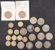 Approximately fourteen £5 coins, together with ten £2 coins.