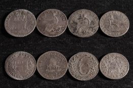Four 19th Century silver sixpence tokens including Stockport, Charing Cross and two Britannia.
