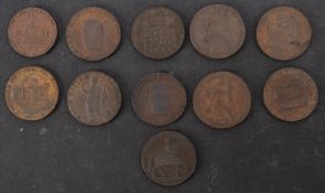 Ten 18th Century halfpenny tokens.