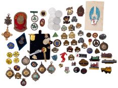 A collection of various enamel badges and medallions, including Primrose League,