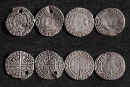 Three Elizabeth I shillings and Henry Groat (Lower grades and damage).