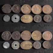 A Plymouth Free Library Pass with other counter stamped and advertising coins.