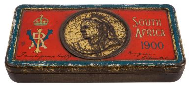 A Victorian Boer War Christmas and New Year chocolate tin with remains of Cadbury Chocolate bars