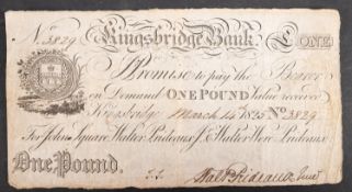 Kingsbridge Bank one pound note, no. 3829 March 14th 1825.