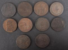 Ten copper 18th Century trade tokens.