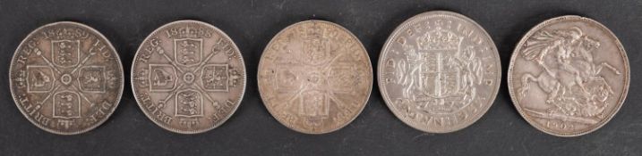 A 1902 Crown, 1937 Crown with three double Florins, 1888, 89 and 90.