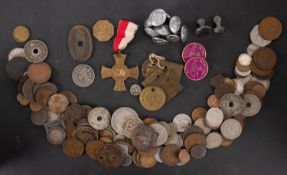 A tin of mixed coins and tokens, including silver, 1903 German 5 mark, 100 mon piece etc.