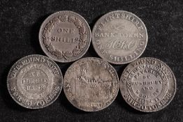 Five 19th Century silver shilling tokens including Swansea, Nantwich, Bilston,