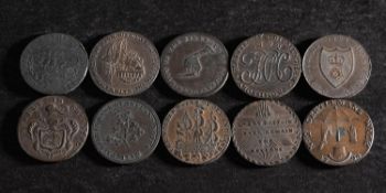Ten 18th Century halfpenny tokens.