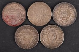 A higher grade Indian Rupees 1877/1900/1901 and 1919 with East India Company 1840 rupee.