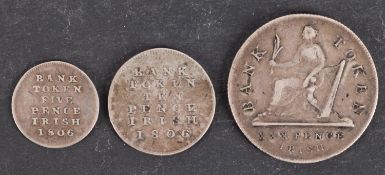 A Bank of Ireland token thirty pence 1808, ten pence 1806 and five pence 1806.