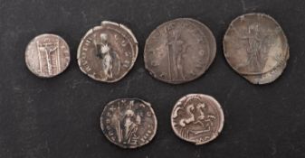 Six ancient coins including Roman Denarius.