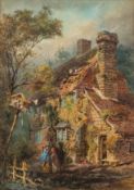 Victorian School (second half 19th century) Two women outside a country cottage,
