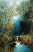 William Widgery (British, 1826-1893) A couple beside a woodland brook, oil on board, 46 x 29.