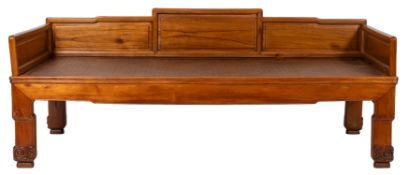 A Chinese hardwood and rattan canework day bed,