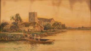 Daniel Sherrin (British, 1868-1940) River scene with a group of figures punting,