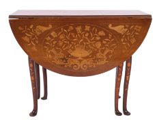 A Dutch walnut and marquetry drop leaf dining table,
