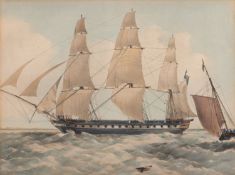 WITHDRAWN British School, 19th Century A two decker Man of War at anchor Grey wash 29.