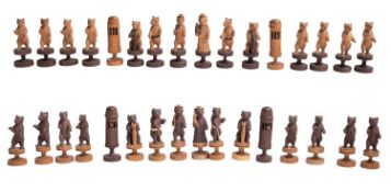 A Swiss carved and stained softwood Bears of Berne chess set,