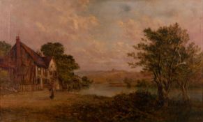 James Watson (British, 1851-1936) Riverside Cottages Oil on canvas 45.5 x 75.