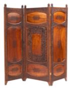 An Indian carved teak threefold screen; with aised and incised panels of flowers and foliage,
