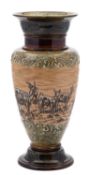 A Doulton Lambeth stoneware vase by Hannah Barlow sgraffito decorated with goats in a landscape