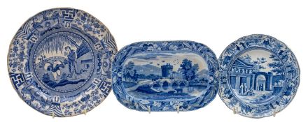 Three blue and white transfer decorated plates, comprising a Spode Bridge at Lucano pattern plate,