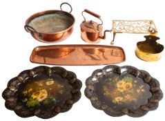 A pair of Victorian tole peinte trays, late 19th century; of oval form with lobed edges,